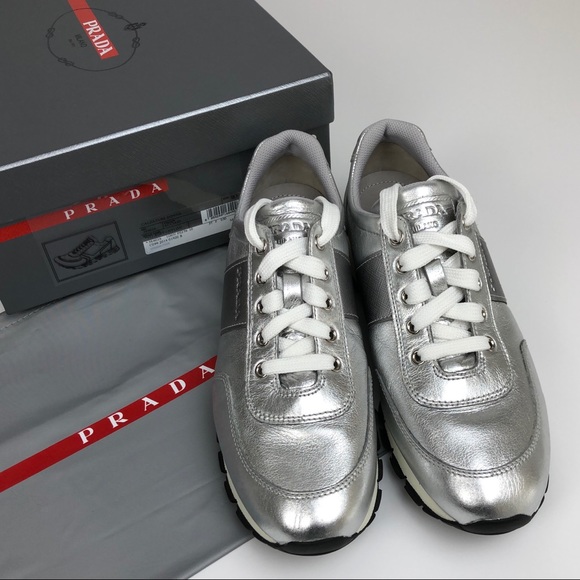Prada silver leather lace up sneakers - Picture 11 of 11